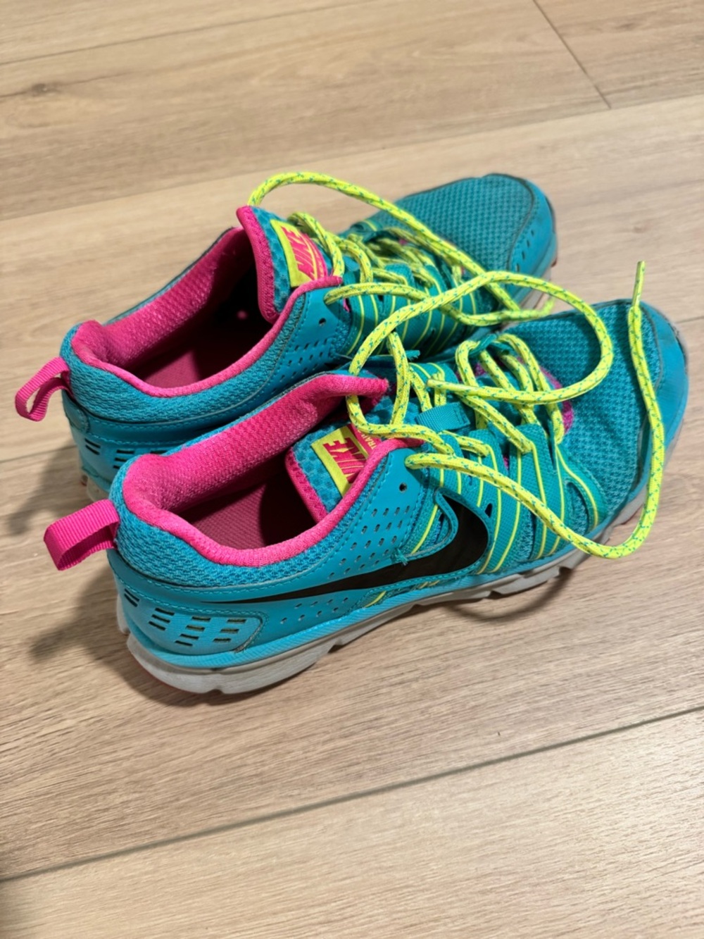 Nike Flex Trail 2 Teal Sneakers with Hot Pink Interior and Neon Yellow Laces